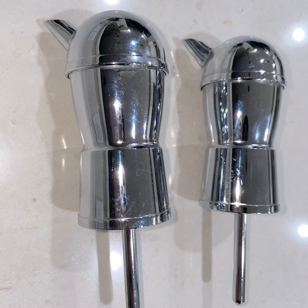 Set of 2 Vintage Polished Chrome Liquor Bottle Pourers, Mid Century
